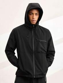 Driftmere Men's Hooded Drawstring Soft Shell Windbreaker Jacket, Sports & Casual, Front Large Pocket, Zipper Side Pockets, Suitable For Daily Wear, Versatile & Popular Jacket - Black - View 5