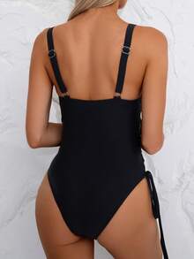 Swim Basics 1 pieza Traje de baño de una pieza estilo lace-up de color negro sólido para mujer - Negro - Ver 2