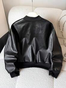 SHEIN 兒童青少年女孩秋季休閒街頭時尚拉鍊長袖PU皮革短夾克，學院風，適合返校季 - 黑色 - 查看 2