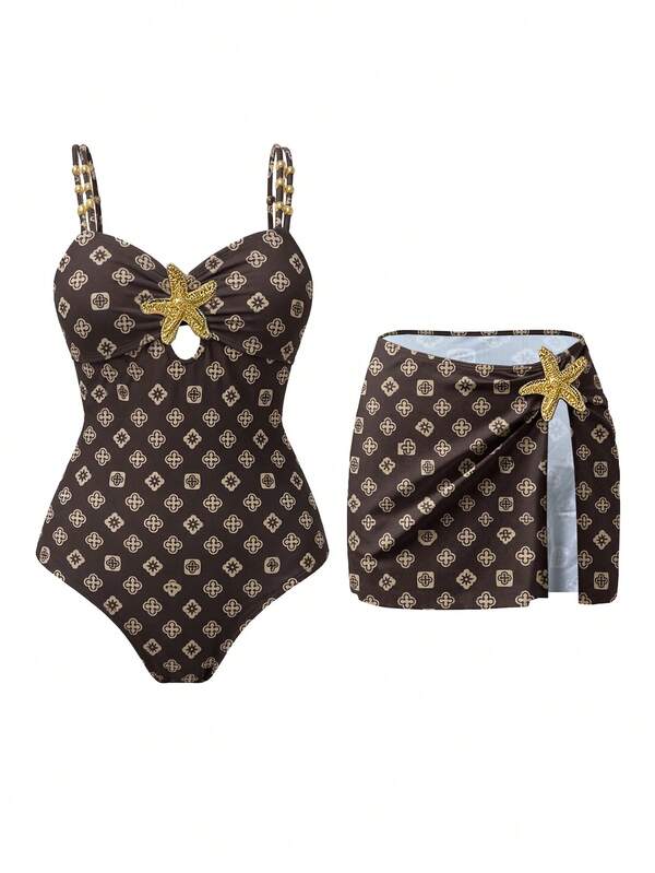 Swim Oasis 1 buc. costum de baie tip romper casual pentru vacanță, pentru femei, cu decor drăguț în formă de pentagramă