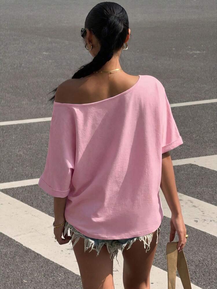 Muchica Summer Pink Knitted One-Shoulder Loose Fit Women's Short Sleeve T-Shirt, Summer Top, Suitable For Daily Commute, Party, Autumn/Winter/Summer, Christmas, New Year, Thanksgiving, Party, Wedding, Beach, Graduation Ceremony, Elegant, Outing, Date, Commute, Valentine's Day, Elegant, Vacation, Y2K, Graduation Ceremony And Other Occasions - Pink - View 2