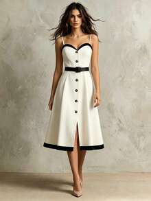 SHEIN Franclia Elegant French Women's Black And White Contrasting Suspender Waist Cinched Dress,Retro Single Breasted Summer Holiday Tea Party Graduation Dress - Black and White - View 1