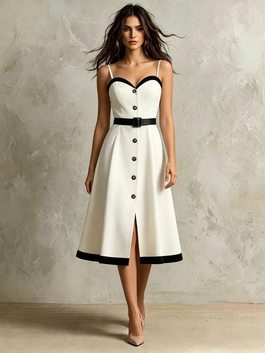 SHEIN Franclia Elegant French Women's Black And White Contrasting Suspender Waist Cinched Dress,Retro Single Breasted Summer Holiday Tea Party Graduation Dress - Black and White - View 1