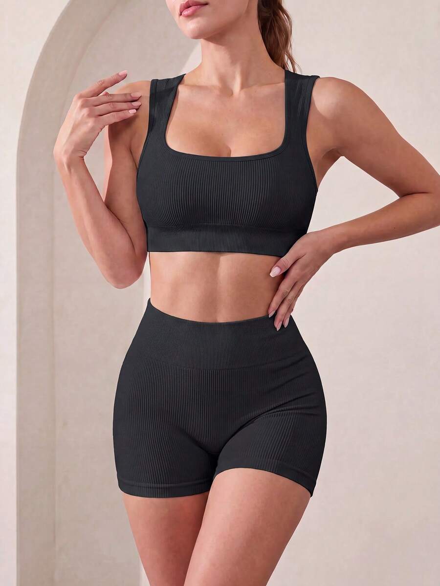Easithlete Easithlete Women Solid Ribbed Fitness Tank Top & Shorts Set Workout Women Sets - Black - View 1