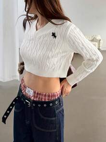 K-Vae Damen Ritter Stickerei Langarm Crop Fashion Pullover - Weiss - Übersicht 6