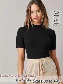 SHEIN BASICS Plus Size Casual Baggy Solid Color Short Sleeve T-Shirt Old Money Basic Back To School Going Out Formal Home Wear Summer Black - Black - View 5