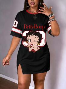 Slaydiva Betty Boop x SHEIN 大尺碼女款字母卡通印花休閒日常夏季洋裝 - 彩色 - 查看 4