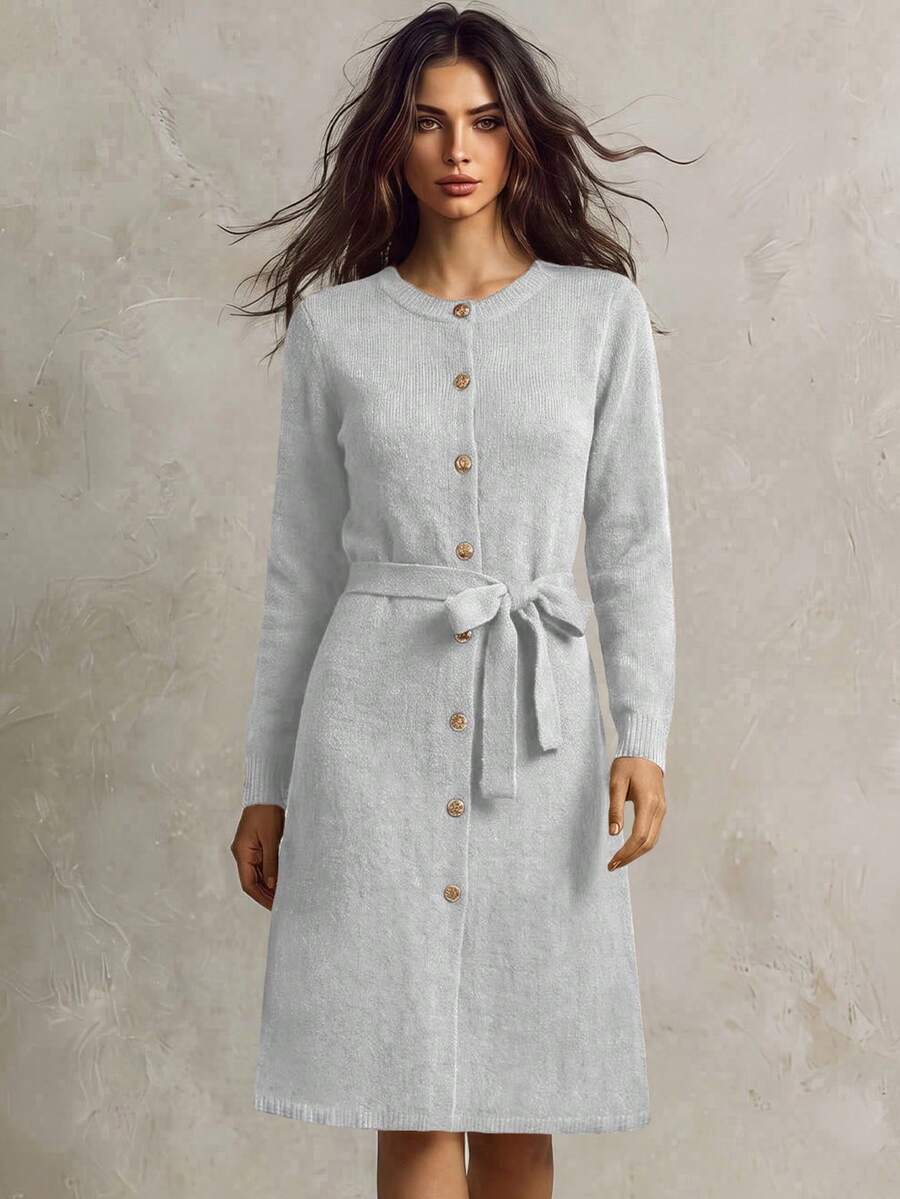 SHEIN Franclia 女士圆领纽扣腰带长款针织毛衣连衣裙 - 灰色 - 查看 1