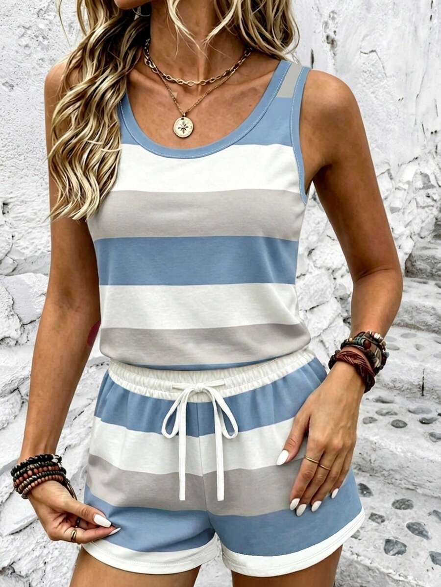 EMERY ROSE Set Tank Top dan Celana Pendek Wanita, Motif Garis-garis Full Fortune, Atasan untuk Jalan-jalan Musim Panas, Desain Bermotif, Nuansa Mewah, Kasual dan Serbaguna, Pakaian Sehari-hari, Aktivitas Luar Ruangan, Belanja, Pakaian untuk Bepergian di Luar Ruangan - MultiWarna - View 1