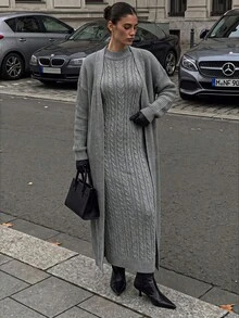 Women's Solid Color Dropped Shoulder Long Sleeve Long Cardigan And Stand Collar Knit Dress Set - Grey - View 1