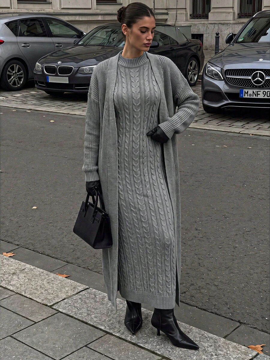 Women's Solid Color Dropped Shoulder Long Sleeve Long Cardigan And Stand Collar Knit Dress Set - Grey - View 1