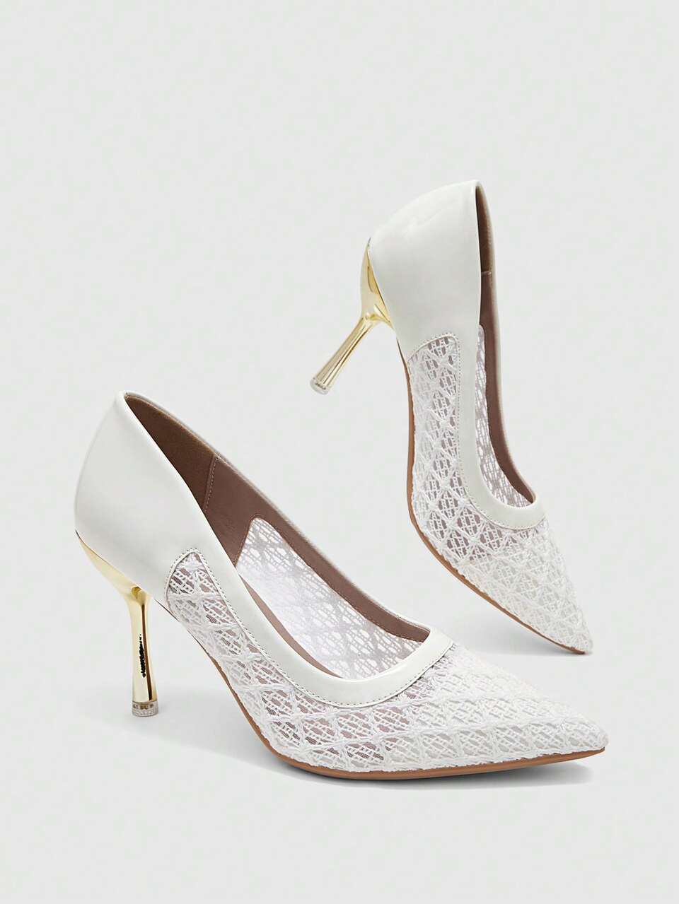 CUCCOO BIZCHIC Women's Pointed Toe Mesh Pumps, Elegant Lace & Patent Leather Splicing, Mid Heel Dress Shoes Fall Shoes
