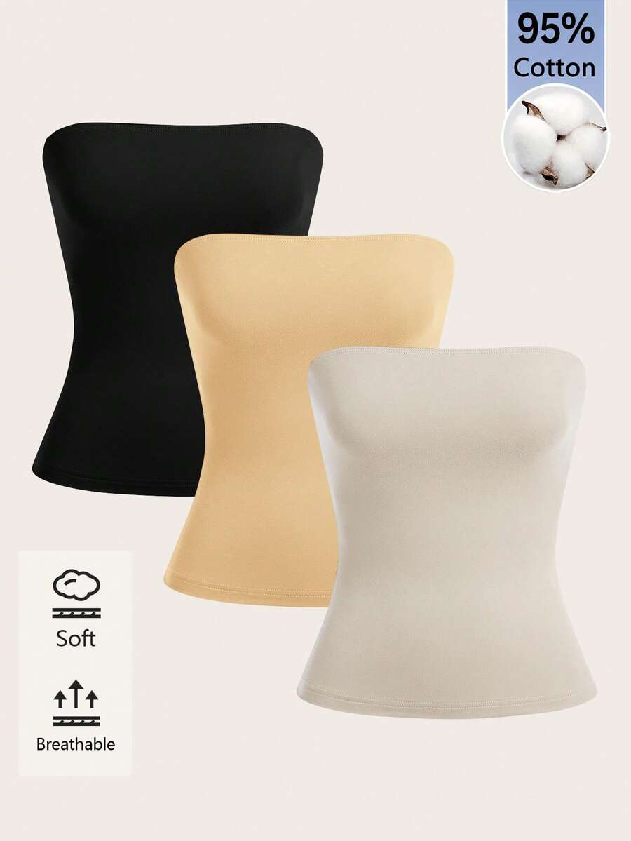 SHEIN BASICS 女款純色抹胸修身休閒極簡基礎上衣 日常白天穿著 夏季 黑色 橘色 米色 - 彩色 - 查看 1
