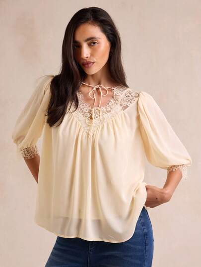Enchnt Premium Pre-Fall Romantic Women's Elegant Apricot Lace Patchwork Shirt,School Blouses,Fashionable Tops,Festival Outfits,Homecoming,Streetwear