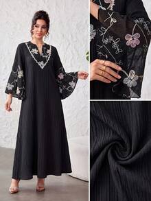 Yasmyna 柔粉色刺繡拼接紋理 3/4 袖大裙擺優雅浪漫女款約會洋裝 - 黑色 - 查看 4