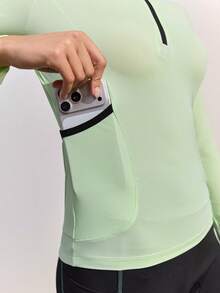 SHEIN Cheerettes 女款配色拼接立領休閒日常騎行長袖上衣 - 綠色 - 查看 4