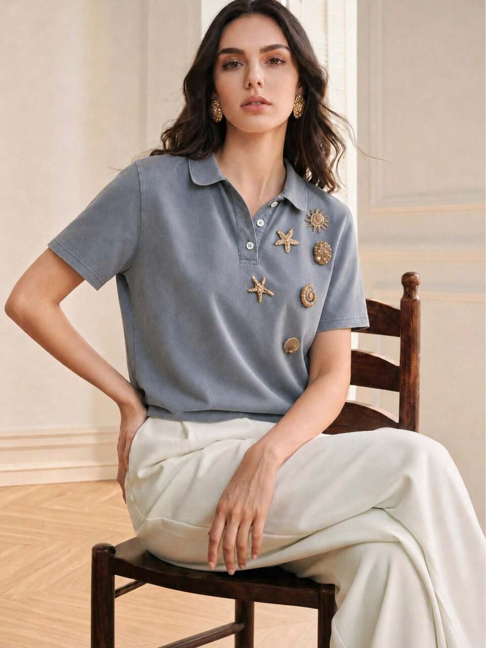 Women's Sailor Elegant Vintage Distressed Washed Ocean Metal Starfish Shell Sun 3D Decor Polo Collar Short Sleeve Top Vacation Dusty Blue Summer