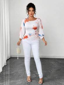 SHEIN Elenzya 大尺碼女款針織高彈性喇叭袖圓領素色優雅T恤 - 彩色 - 查看 3