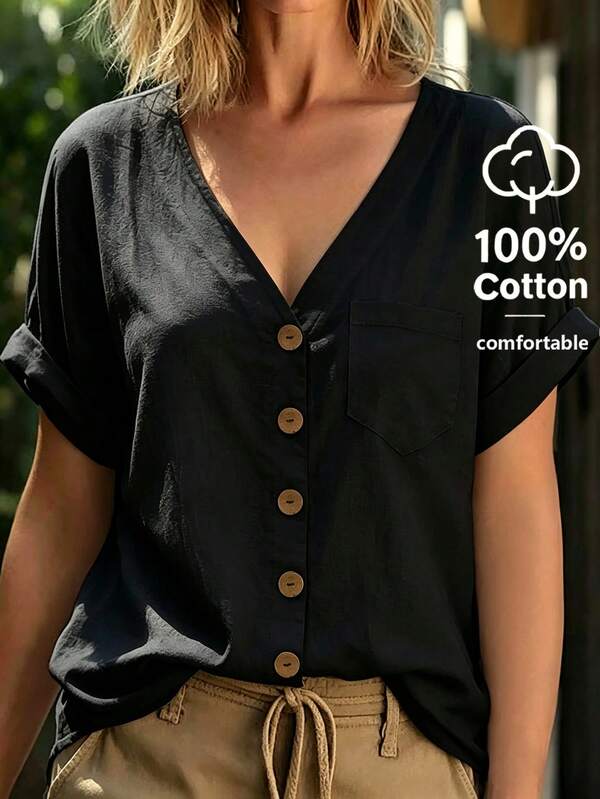 Linhara CURVE Camisa de mujer talla grande de unicolor con cuello en V, manga de murciélago de manga corta, botones y bolsillos, blusa de algodón cómoda, top de verano para mujer, camisa de vacaciones, top blanco, top casual de playa