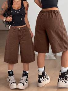 Coolane Women's Casual Coffee Brown Panel Seam Baggy Mid Calf Shorts Elastic Back Waist Wide Leg Streetwear Capri Pants Summer Halloween Y2K Day Drinking - Brown - View 6