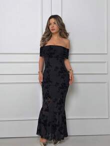 Jemour Women's Floral Mesh Ruffle Off-Shoulder Fitted Mermaid Hem Elegant Dress Sundress Cocktail Dress Black - Black - View 1