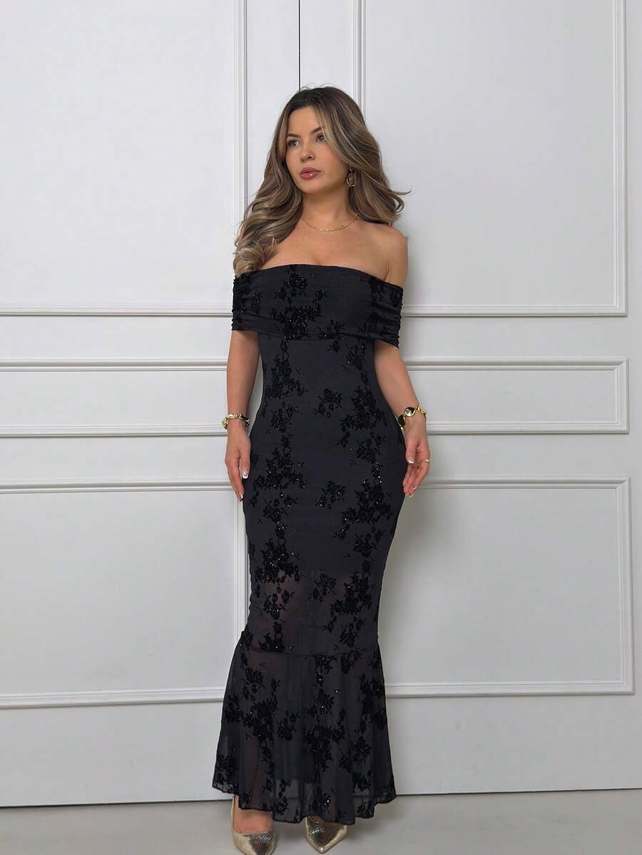 Jemour Women's Floral Mesh Ruffle Off-Shoulder Fitted Mermaid Hem Elegant Dress Sundress Cocktail Dress Black - Black - View 1