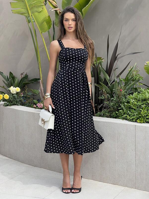Sindi Myftari Women's Elegant Sleeveless French Square Collar Polka Dot Waist Maxi Dress Vacation
