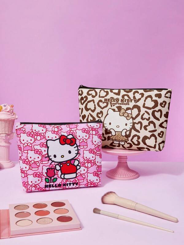 HELLO KITTY AND FRIENDS | Joivida 1pc Fashionable Portable Mini Makeup Pouch, Leopard Print & Pink Two Styles Available With Cute Pattern, Lightweight Cosmetic Case For Women & Girls, Holds Brushes & Accessories, Great For Daily Use, Travel, Home, Back To School