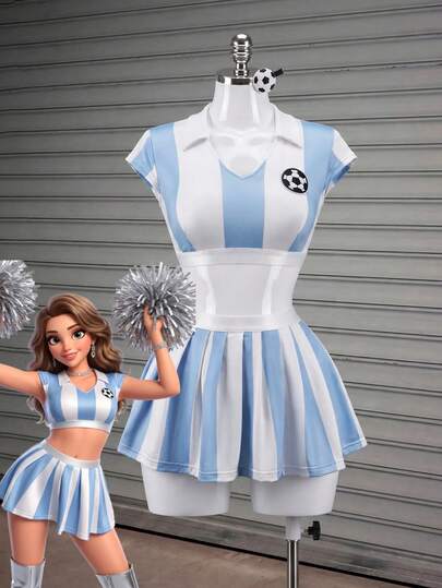 Fantasy Costume Fantasy Costume زي تنكري نسائي كرة قدم، مع شعار كرة القدم، تنورة مطوية باللونين الأزرق والأبيض، ملابس داخلية مثيرة للعب الأدوار، مقاس صغير، طقم من قطعتين