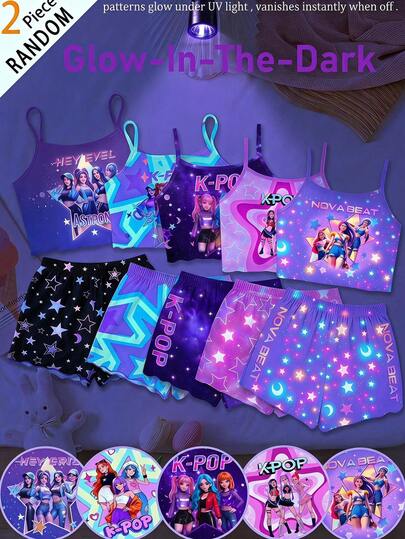SHEIN [5 Sets Random, 2 Sent] Young Girl Pajamas, Summer New Fashion Cute Cartoon K-POP Girl Print Knit Ruffle Camisole Top & Allover Print Shorts  Kids