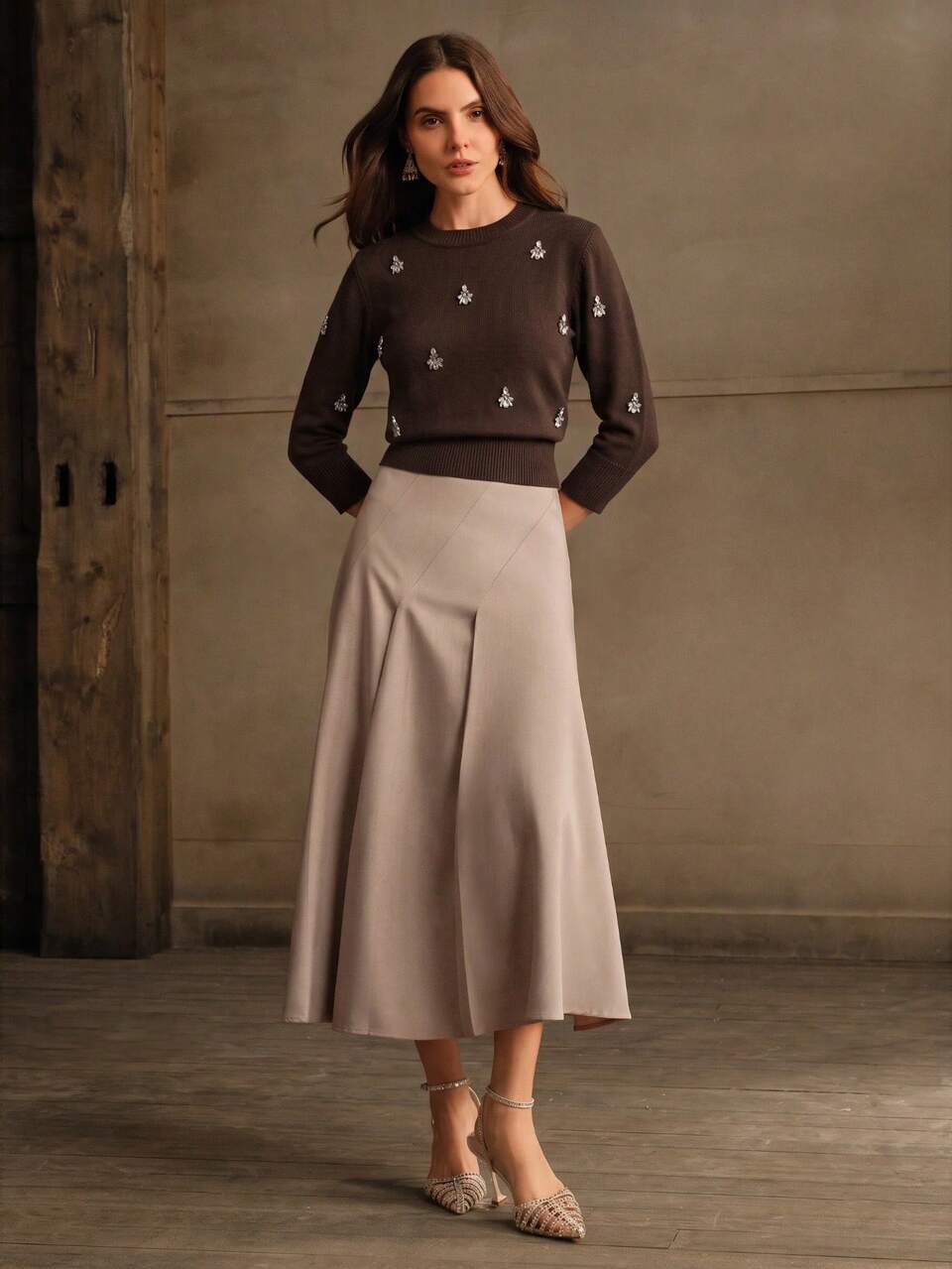 Anewsta Handmade Rhinestone Soft Fleece Commuter Christmas Crew Neck Long Sleeve Women's Winter Sweater