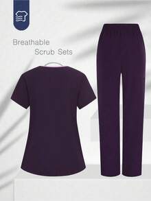 TaskEZ Solid Color Patchwork V-Neck Short Sleeve Top And Pants Scrub Uniform Set - Purple - View 2