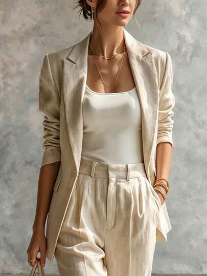 SHEIN Women's Autumn/Winter New Khaki Long Sleeve Blazer, Lapel Design, Casual And Elegant, Relaxed Minimalist Commuter Style, Slim Fit, Single Button Closure, Suitable For Office And Commuting Outfits, Create Early Autumn Fashion Look, Autumn New Blazer Jacket, Khaki Minimalist Jacket