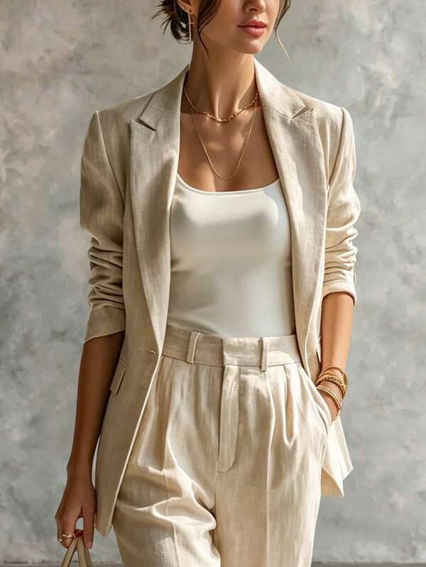 SHEIN Women's Autumn/Winter New Khaki Long Sleeve Blazer, Lapel Design, Casual And Elegant, Relaxed Minimalist Commuter Style, Slim Fit, Single Button Closure, Suitable For Office And Commuting Outfits, Create Early Autumn Fashion Look, Autumn New Blazer Jacket, Khaki Minimalist Jacket