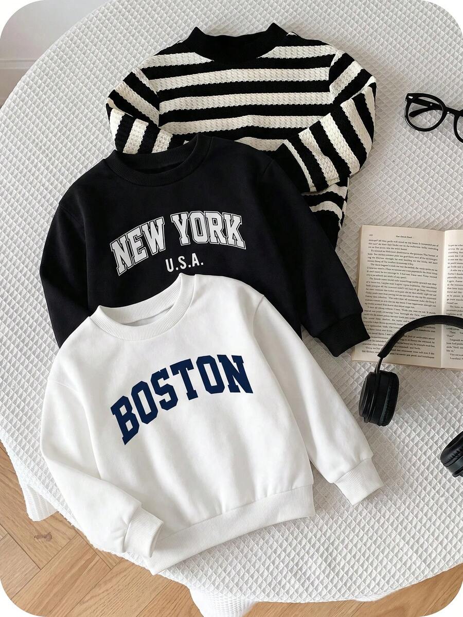 Kids Young Boy Casual Minimalist Striped & Letter Pattern 3pcs Long Sleeve Sweatshirt Set, Suitable For Autumn/Winter - Multicolor - View 1