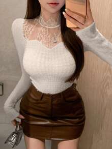 DAZY 秋冬白色刷毛抓絨鏤空蕾絲拼接宴會婚禮返校節慶優雅長袖女款T恤 - 白色 - 查看 6