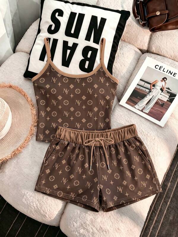 Resyla Summer Outing Outfit, Women's Camisole & Shorts Set, Summer Casual Vacation Set, Letter, Star, Floral Print Pattern, Pattern Design, Sexy Camisole, Daily Wear, Comfortable Fabric