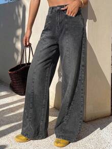 DAZY High Waist Wide Leg Jeans - Dark Grey - View 4