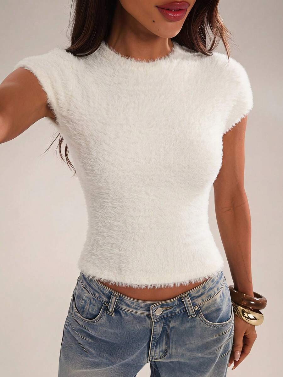 SHEIN BAE Women White Short Sleeve Top, Fuzzy Fluffy Knit T-Shirt With Open Back Cutout, Soft Plush Going Out Top For Summer Night/Open Back Cutout/ Fluffy - Apricot - View 1