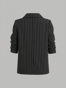 SHEIN 兒童青少年女孩優雅休閒條紋秋季外套，黑白條紋長袖西裝外套，適合日常穿著，返校季 - 黑色 - 查看 2