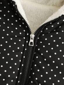 SHEIN 青少年女孩冬季外套，女孩冬季黑色復古波點填充外套，羊羔絨內裡加厚，連帽，領子，休閒，秋季，長袖 - 黑色 - 查看 4