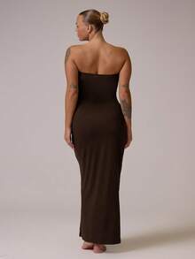 MUSERA Plus Size Fitted Strapless Maxi Dress Everyday Casual Spring Summer Vacation Holiday Essentials - Brown - View 3