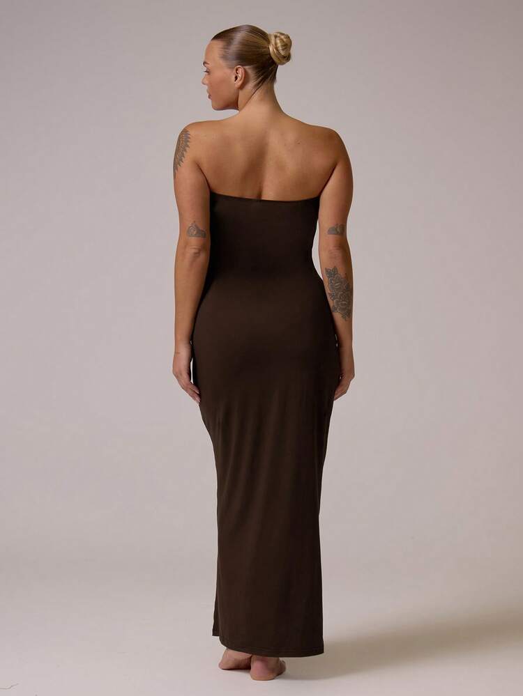 MUSERA Plus Size Fitted Strapless Maxi Dress Everyday Casual Spring Summer Vacation Holiday Essentials - Brown - View 3
