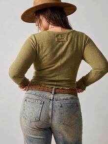 SHEIN Tall CURVE Plus Size Fashion Frill Trim Long Sleeve T-Shirt For Daily Wear - Green - View 3