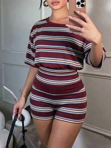 SHEIN PariChic Women's Spring/Summer New Casual Outing Maillard Striped Asymmetrical Shoulder Waist-Defining T-Shirt And Shorts Set - Multicolor - View 5