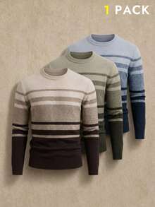 AKNOTIC Men's Contrast Color Striped Long Sleeve Crew Neck Sweater, For Spring - Coffee Brown - View 10