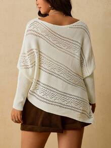 Freevana Plus Size Batwing Long Sleeve Asymmetric White Pointelle Knit Sweater With Slouchy Neck Ribbed Cuffs Diagonal Hem For Autumn Formal Vacation Bohemian - White - View 7