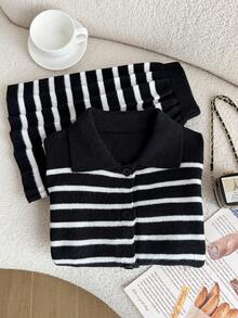 SHEIN Girls' Autumn/Winter Fashion Striped Knit Sweater Long Sleeve Cardigan & Black Skirt Set Pullover - Black - View 7