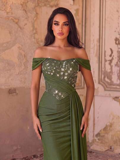 Glamrae Elegant Luxurious Beaded Sequin Embroidered Lace Patchwork Elastic Knit Mesh Ruched Mermaid Skirt With Side Drape Sexy Off-Shoulder Evening Gown Suitable For Wedding Events, Bachelorette Party, Vacation, Prom, Holiday Party, Music Festival, Graduation Season, Formal Dinner (Heavy Workmanship Style)