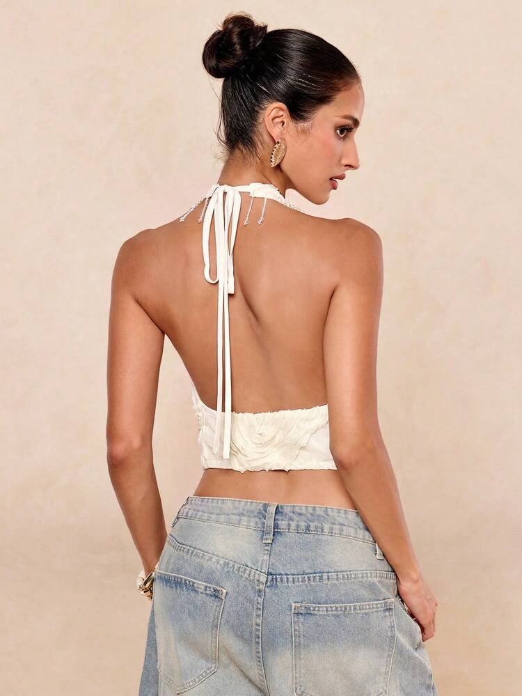 Lumalex White Pleated Chiffon Halter Top, Criss-Cross Neckline, Beaded Fringe Trim, Cropped Hem Party Birthday Night Out Summer Elegant - Apricot - View 5